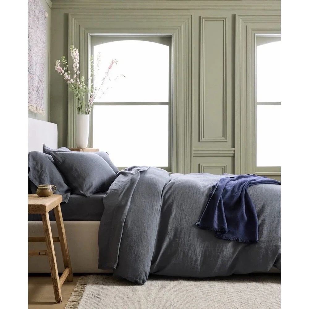 Quince European Linen Duvet Cover Set w/ Shams Full/Queen Night Fall Blue $194